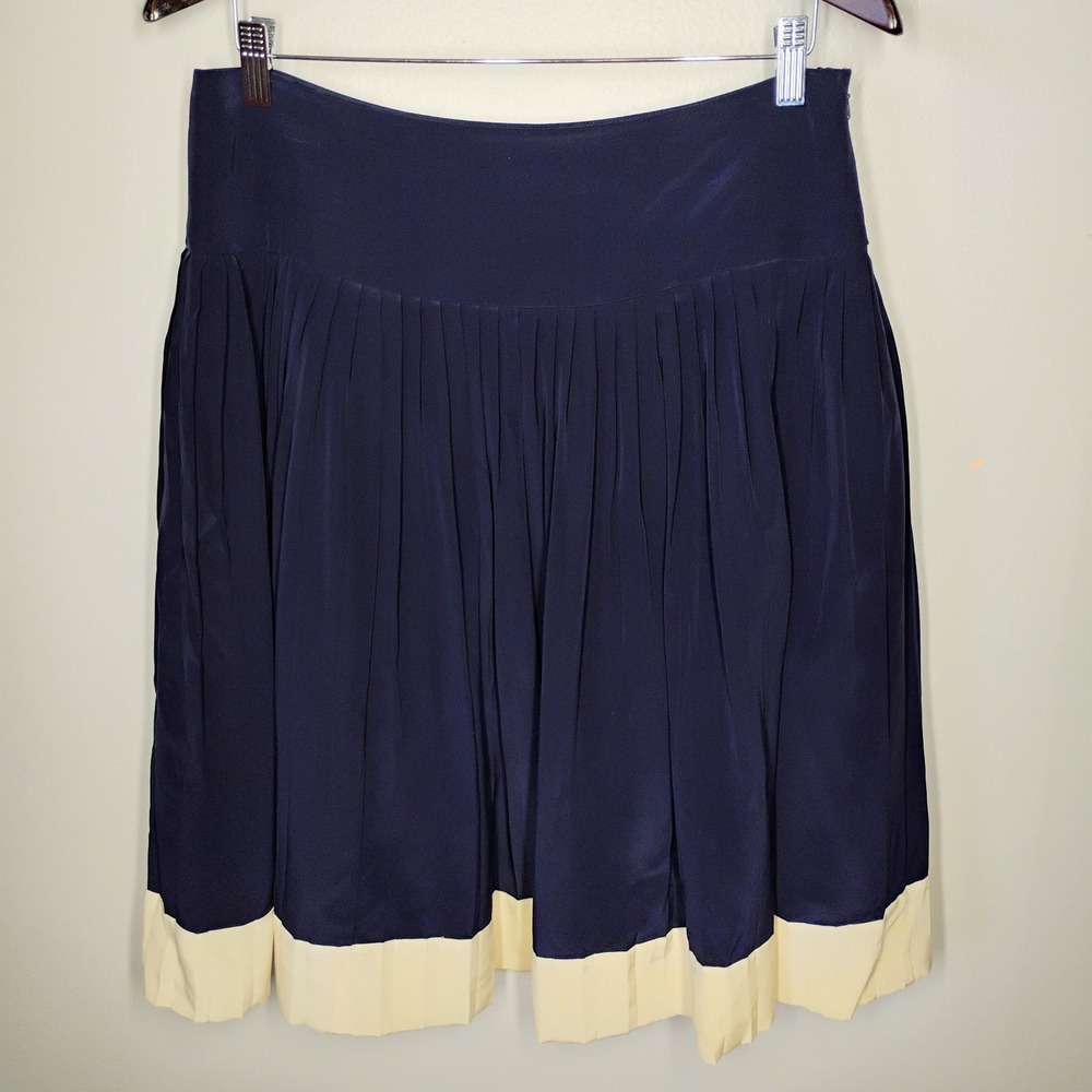 Lauren Ralph Lauren 100% Silk Skirt Womens 8 Navy Blue Pleated Nautical Preppy